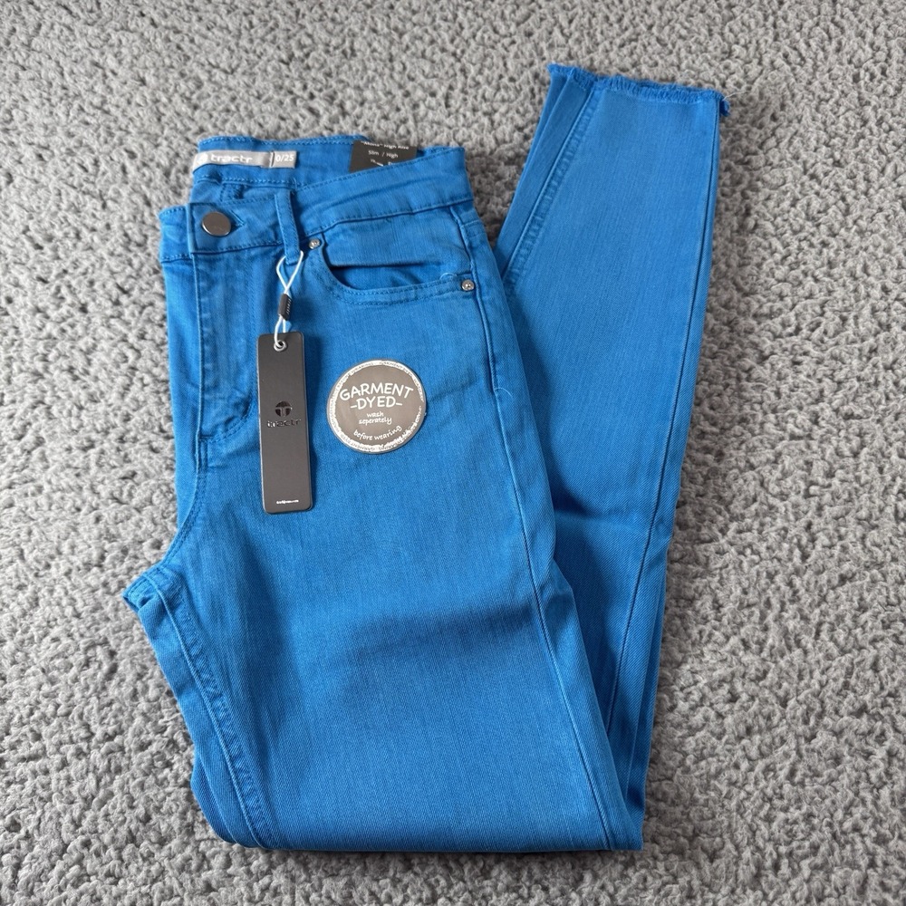 TRACTR MONA Bright Dive Blue High Rise Stretch Cut Off Crop Jeans Sz 0/25 NWT